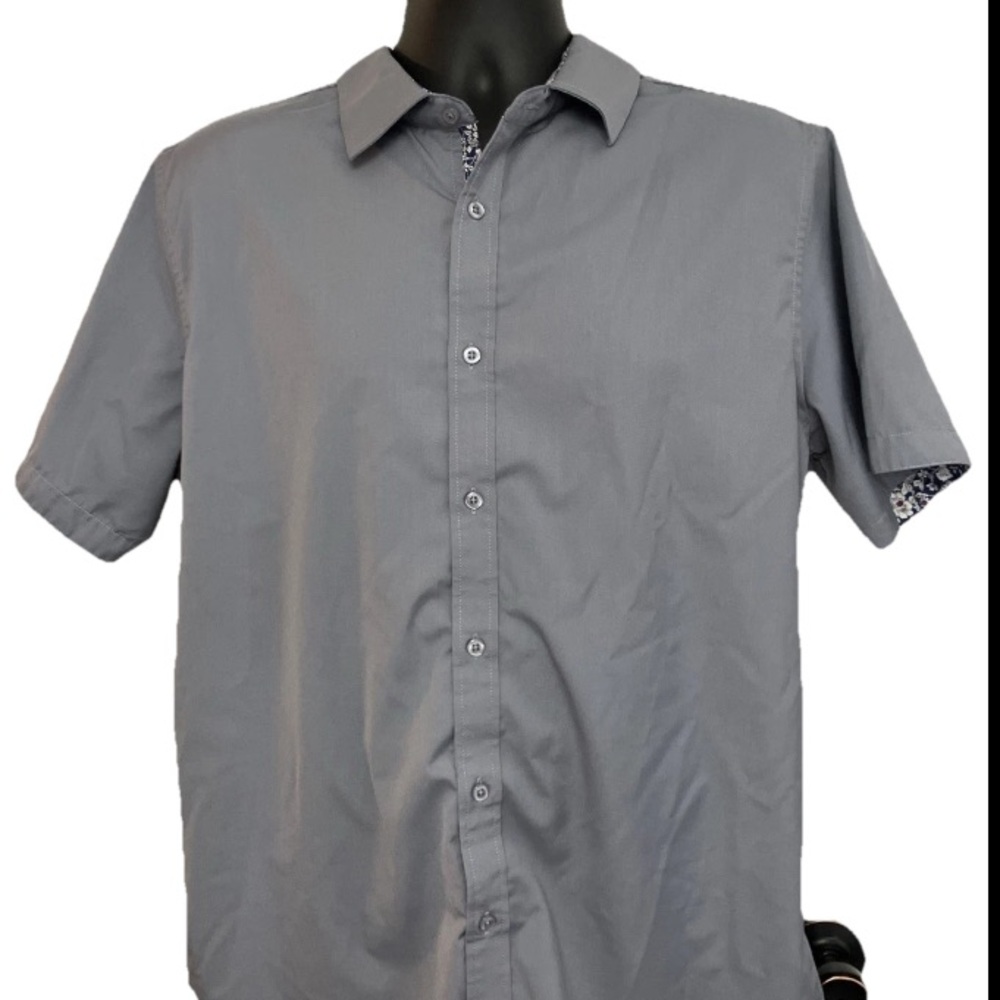PJ Paul Jones Mens Large Short Sleeve Gray/floral Button Down Collared Shirt